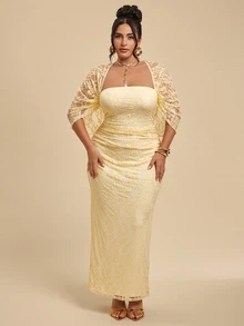 SHEIN BAE CURVE Plus Size Women's Yellow Lace Ruched Dress - Yellow - View 2