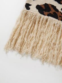 SHEIN Turtleneck Leopard Print Knit Dress, Women Long Sleeve Bodycon Midi Sweater Dress With Fringe Hem - Multicolor - View 7
