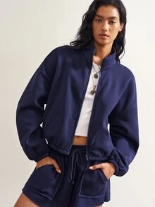 Bohemela Women's Solid Color Zip-Up Long Sleeve Top And Shorts Casual 2 Pieces Set - Navy Blue - View 3
