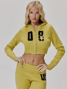 MUSERA Graphic Knitted Zip Through Cropped Hoodie Cute Daily Vintage Y2K Back To School Primary - Yellow - View 2