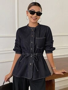 DAZY Women's Button Drawstring Pocket Button Denim Jacket - Dark Wash - View 6