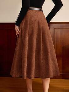 Vintamour 復古經典優雅女款收腰腰帶裙，夏秋灰色百褶口袋裙 - 棕色 - 查看 2
