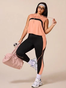 SHEIN Rhythm Era 女款運動瑜伽戶外健身訓練套裝，抽繩連帽無袖寬鬆運動衫，胸前弧形對比色設計，線條與色塊對比緊身褲 - 彩色 - 查看 5