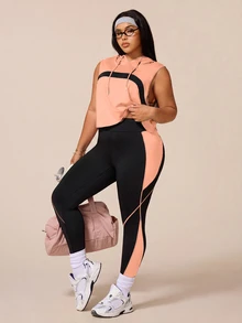 SHEIN Rhythm Era 女款運動瑜伽戶外健身訓練套裝，抽繩連帽無袖寬鬆運動衫，胸前弧形對比色設計，線條與色塊對比緊身褲 - 彩色 - 查看 8