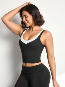 Easithlete Easithlete Women's 2 In 1 Fitted Cropped Sports Tank Top - Black and White - View 2