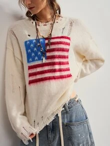 Bohemela Suéter de mujer de moda con efecto desgastado y jacquard para vacaciones y días festivos - Beis - Ver 4
