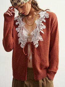 Bohemela Women's Lace Patchwork Casual Versatile Long Sleeve Sweater - Khaki - View 4