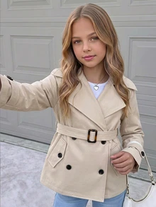 SHEIN 少女優雅雙排扣繫帶風衣法式風格秋冬服飾 - 卡其色 - 查看 1
