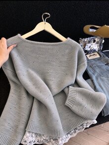 GlowEve CURVE Plus Size Women's Lace Patchwork Casual Versatile Long Sleeve Sweater - Grey - View 2