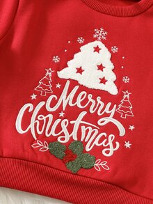 SHEIN 中性嬰兒男/女童、幼兒秋冬可愛毛巾刺繡聖誕衛衣針織上衣，嬰兒聖誕服飾/衛衣 - 酒紅色 - 查看 4