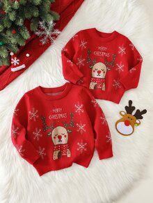 SHEIN 嬰兒男/女童、幼兒秋冬保暖內裡加厚可愛馴鹿聖誕毛衣，嬰兒聖誕毛衣 - 紅色 - 查看 5