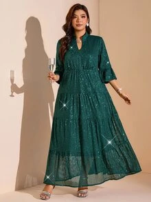Comfylo 大尺碼女款綠色亮片閃亮派對晚禮服，聖誕節秋季度假穿搭 - 墨綠色 - 查看 6