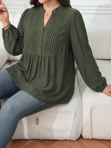 Ceyna 大尺碼女款春夏秋冬法式優雅奢華休閒度假波希米亞極簡高端設計老錢風舒適素色仿亞麻面料V領立領半開襟前褶皺設計寬鬆A字燈籠長袖襯衫 - 軍綠色 - 查看 9