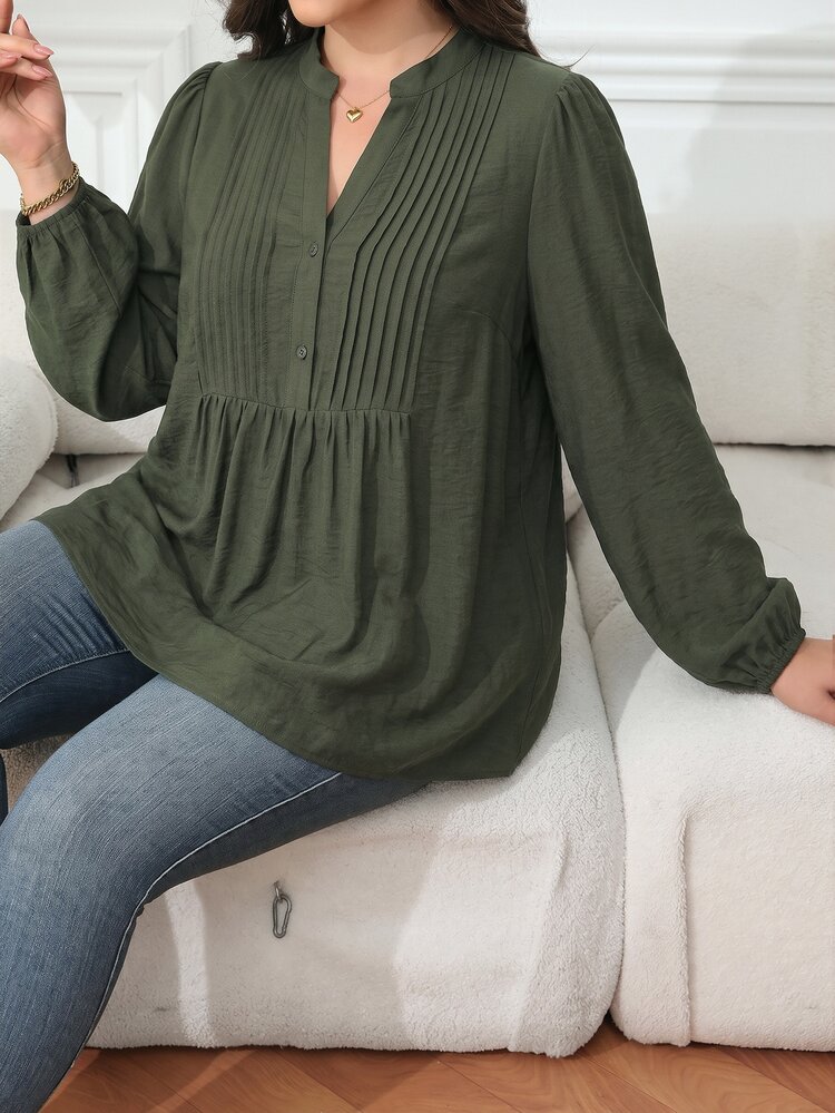 Ceyna Plus Size Women's Spring/Autumn/Winter French Chic Luxury Elegant Casual Vacation Bohemian Minimalist High-End Design Old Money Style Comfortable Solid Color Faux Linen Fabric V-Neck Stand Collar Half-Placket Front Pleated Design Loose A-Line Lantern Sleeve Long Sleeve Blouse - Army Green - View 9