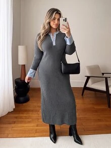 Vionelle Plus Size Autumn/Winter Fitted Knit Long Dress, Colorblock Round Neck Half-Button Flare Sleeve Bodycon Sweater Dress Formal Holiday Grey Casual Baggy - Grey - View 3