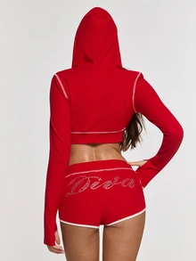 Opulessa Women's Letter Rhinestone Zipper Placket Cropped Hoodie & Shorts Casual 2 Pieces Set - Red - View 2