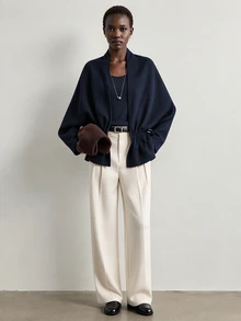 Aalyst Women's Herringbone Texture Apricot Loose Drawstring Side Waist Perforated Tie Bow Adjustable Width Hanging Shoulder Long Sleeved Thin Jacket - Navy Blue - View 5