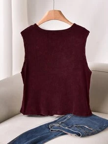Story & Sage Casual Vacation Women's Fitted Vest Tank Top, Spring/Summer, Snowflake Pattern, Button Front, Black - Burgundy - View 2