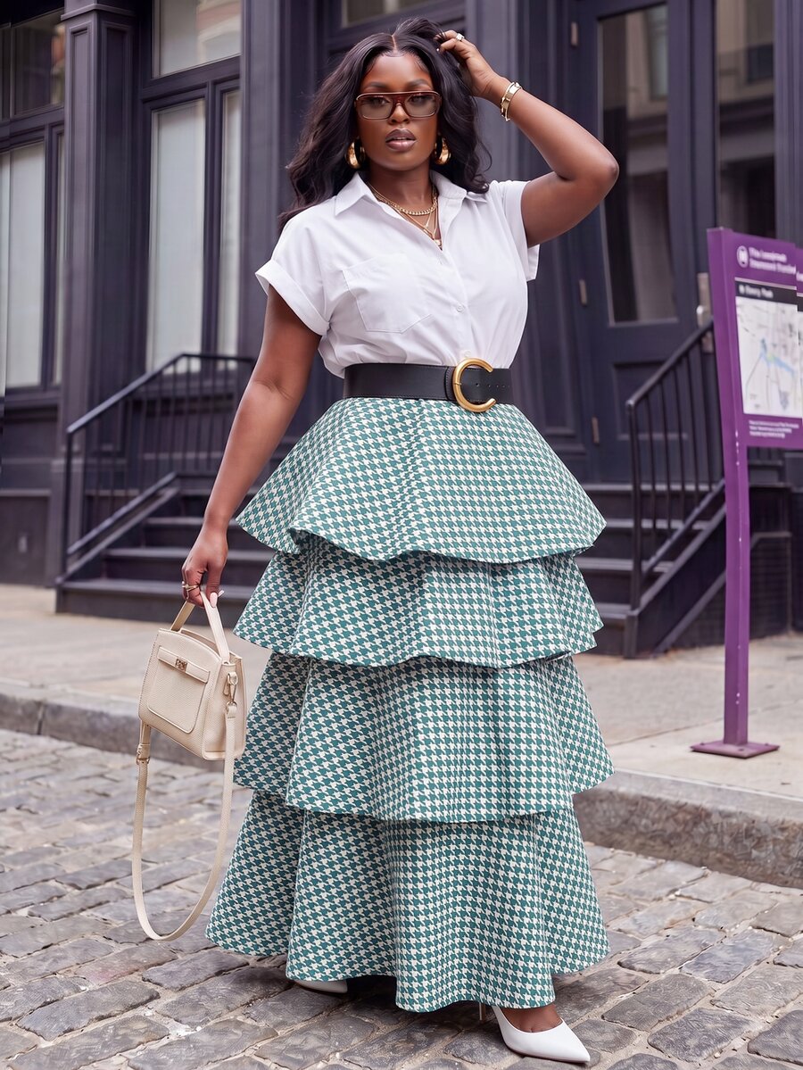 Slaydiva Autumn/Winter Elegant Date Christmas Holiday Green & White Houndstooth Multi-Layer Ruffle Cake Long Skirt Plus Size - Green - View 1