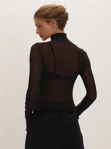 MUSEYN Black Sheer Knit Long Sleeve Silver Trim Detail Top Versatile Everyday Date Night Chic New Season Fall - Black - View 4