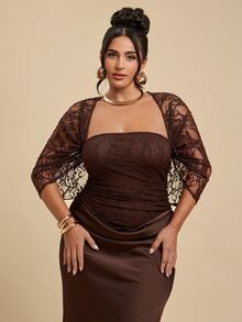 SHEIN BAE CURVE Plus Size Women Brown Lace Dress - Brown - View 4
