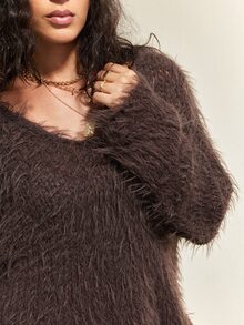 SoleilVie Sweater Wanita Vintage Berbulu, Nyaman untuk Dipakai Sehari-hari - Coffee Brown - View 7