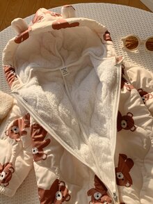 SHEIN 中性新生兒嬰兒男/女童、幼兒秋冬保暖內裡加厚可愛熊造型連帽連身衣、嬰兒冬季連身衣、雪衣、吊帶褲 - 杏色 - 查看 6