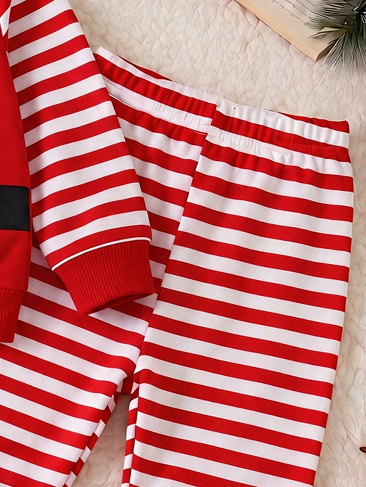 Newborn Baby Girl Fashionable Fun Christmas Floral Bow Heart Belt Print Design Round Neck Long Sleeve Fleece Lined Thick Sweatshirt Set Striped Print Sweatshirt Long Pants Soft Fabric Suitable For Christmas Outings Autumn Winter - Multicolor - View 6