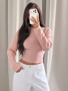 Aloruh 女款秋冬休閒寬鬆上身修身下身條紋T恤 - 粉色 - 查看 4