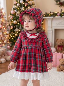 SHEIN 2pcs Baby Girls Princess Dress Sweet Red Plaid Bow Ruffle Lace Trimmed Hem Long Sleeve Ruffle Regular Winter Holiday Burgundy Chic Match Hat - Red - View 1