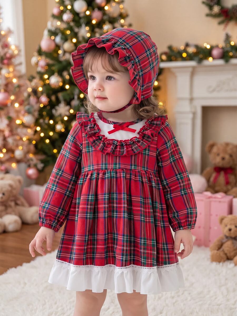 SHEIN 2pcs Baby Girls Princess Dress Sweet Red Plaid Bow Ruffle Lace Trimmed Hem Long Sleeve Ruffle Regular Winter Holiday Burgundy Chic Match Hat - Red - View 1