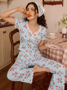 Tulorae Romantic Pastoral Print Lace Trim Short Sleeve Long Pants Women's Pajama Set - Multicolor - View 1