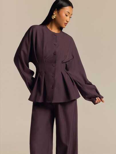 COSMINA Women's Casual Elegant Waist-Cinching Purple-Red Daily Versatile Outfit, Early Autumn Set