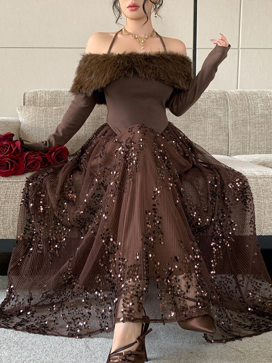 Feyla Gaun Malam Elegan Model Baru Tanpa Bahu dengan Kerah Bulu Berhiaskan Manik-Manik Tebal dan Motif Patchwork - Coklat - View 1