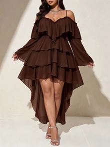 Viva Relle Plus Size Women Solid Color Cold Shoulder Bell Sleeve Multi-Layer Ruffle High-Low Hem Elegant Dress Fall - Brown - View 3