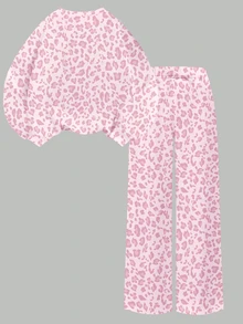 Young Girls Casual Fresh Pink Leopard Print Floral Dachshund Puppy Kawaii Pattern Crew Neck Sweatshirt And Wide Leg Pants Set Fall Outfits - Multicolor - View 2