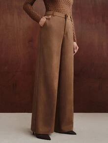 Anewsta American Retro High Waist Faux Suede Straight Leg Wide Leg Pants, Soft Velvet Drape Versatile Casual Long Pants For Autumn/Winter - Mocha Brown - View 4