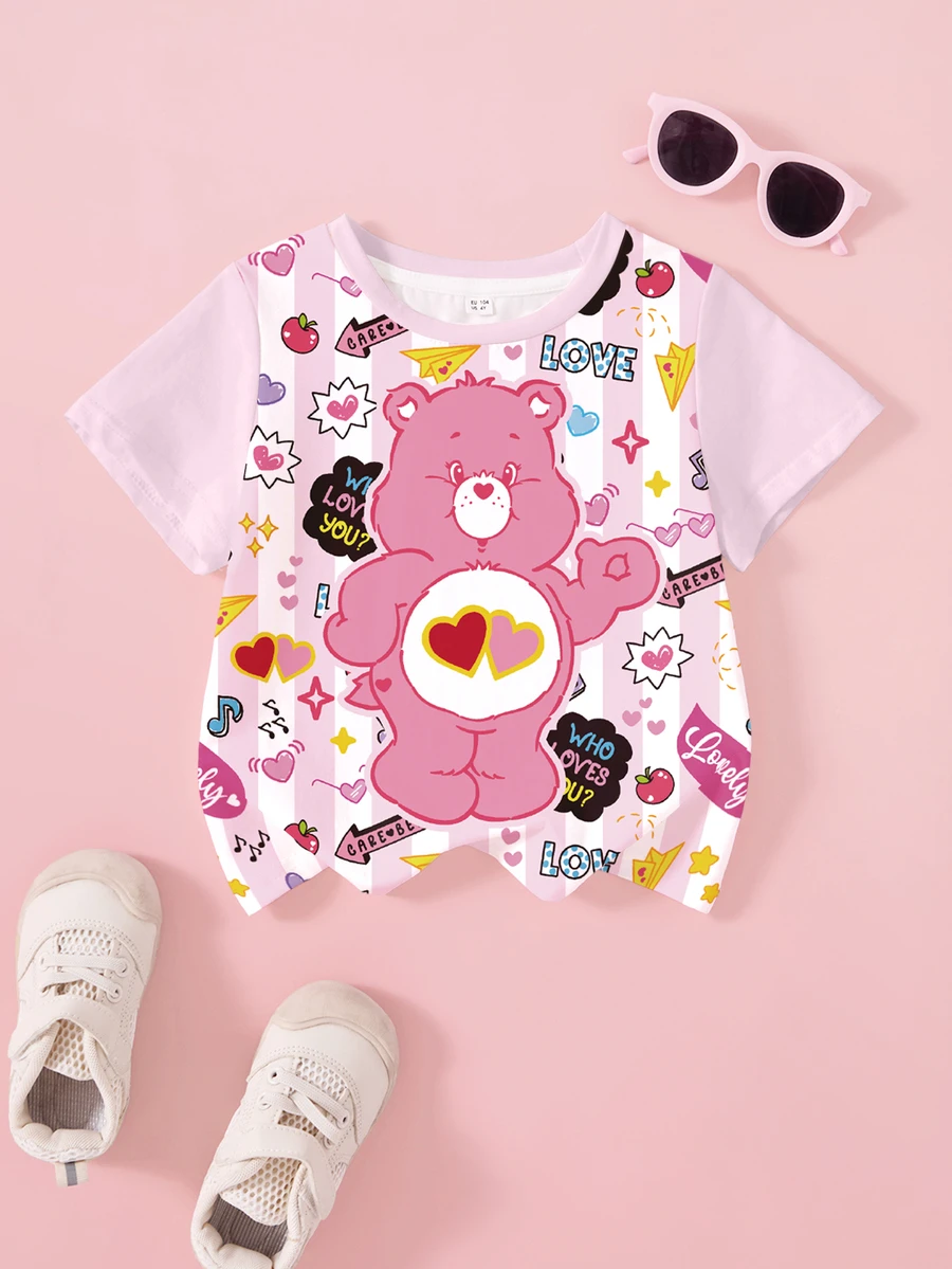 SHEIN X Care Bears Young Girl Heart Cartoon Print Round Neck Short Sleeve Casual T-Shirt - White - View 1