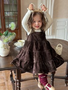 DAZY Infant/Toddler (Girl) Solid Color Autumn/Winter Layered Korean Style Casual Pinafore Dress - Coffee Brown - View 1