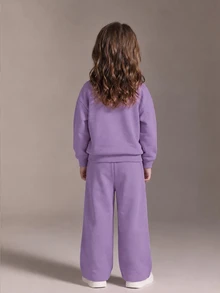 SHEIN 熱銷新款紫色蝴蝶結女童運動休閒套裝 4-7歲，2025秋季 INS 風格 2件式運動衫與運動長褲 - 紫色 - 查看 2