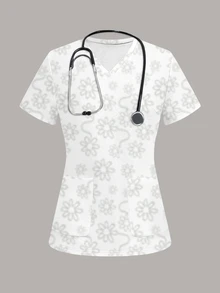 PopScrub Fun Print Ditsy Floral Premium Women's Scrub Uniform Top - Multicolor - View 1