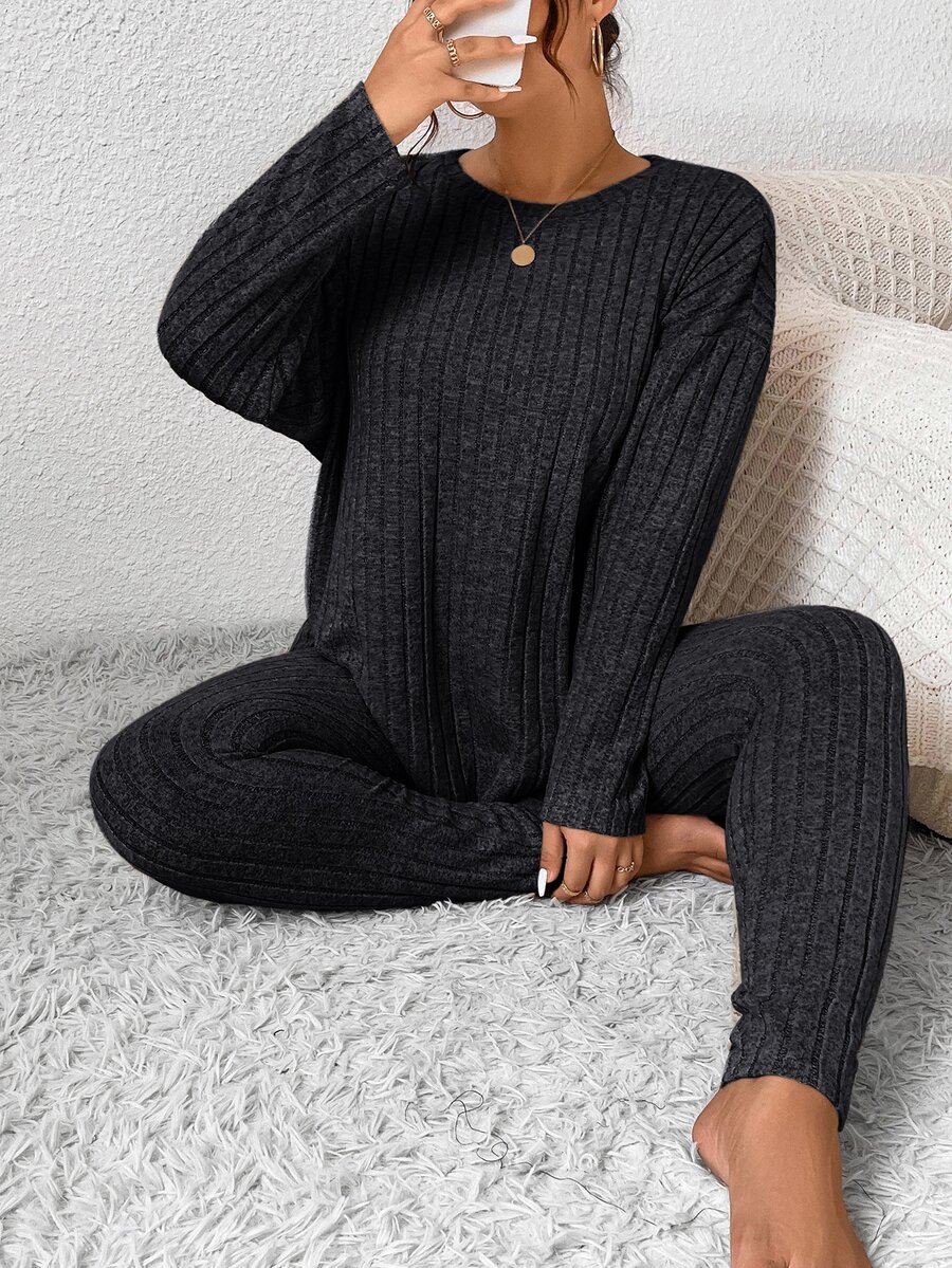 SHEIN Frenchy Ladies Fall Outfits Back To School Workout Set Simple Minimalist Tight Texture Leggings And Long Sleeve Top Set Women Plus Two Pieces Set - Dark Grey - View 1