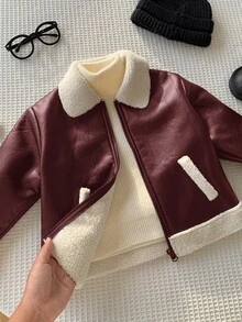 SHEIN 兒童小男孩加厚夾棉外套 冬季PU外套 抓絨加厚 秋冬衣款 拼接黑色皮革機車夾克 - 酒紅色 - 查看 1