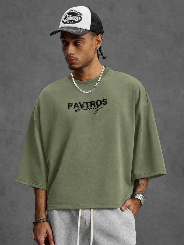 PAVTROS Men's Dark Totem Oversized Cropped Loose Fit Crew Neck Short Sleeve T-Shirt, Y2K Millennium Style, Dark Streetwear, Gothic, Subculture, Unisex, Couples Outfit, Suitable For Daily Wear, Music Festival, Livehouse, Street Photography, Rapper Outfit, Best Holiday Gift - Army Green - View 2