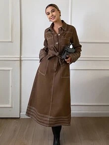 DAZY Women's Long Sleeve Single-Breasted Multi-Pocket Casual Denim Shirt Dress - Brown - View 3