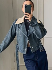 DAZY Women's Short Washed Vintage Loose Denim Jacket And Outerwear - Medium Wash - View 2