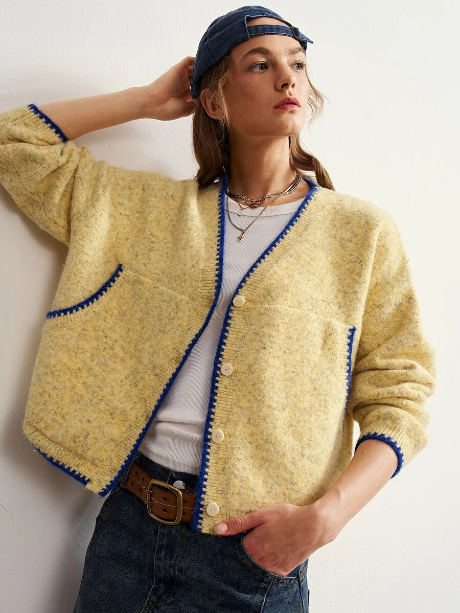 Bohemela Women's Colorblock Casual Versatile Everyday Cardigan - Light Yellow - View 1