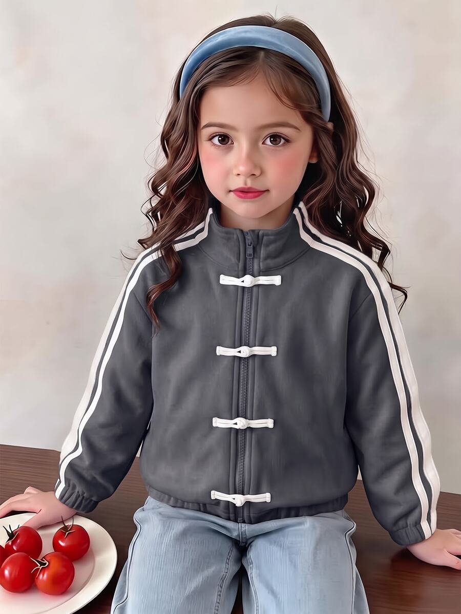 SHEIN Elladie kids 女童新款中式國風青蛙鈕扣麂皮外套,立領,側邊撞色設計 - 深灰色 - 查看 1