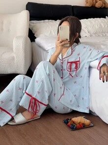 SHEIN Sweet Striped Pajamas Women Autumn New Long Sleeve Loose Fit Homewear 2 Pieces Set - Blue - View 5