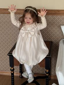 DAZY Infant/Toddler (Girl) Round Neck Bow Korean Style Party Dress - Apricot - View 7
